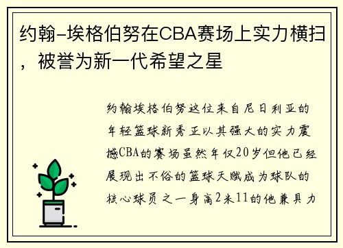 约翰-埃格伯努在CBA赛场上实力横扫，被誉为新一代希望之星